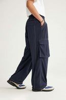Waterproof Multi-Pocket Wide-Leg Cargo Pants in Navy Blue - side pocket detail