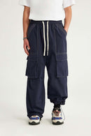 Waterproof Multi-Pocket Wide-Leg Cargo Pants in Navy Blue - waistband detail