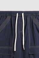 Waterproof Multi-Pocket Wide-Leg Cargo Pants in Navy Blue - waistband and drawstring detail