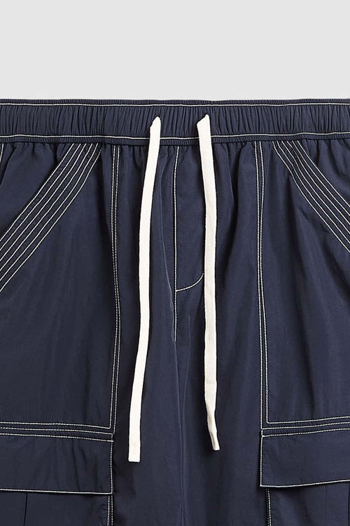 Waterproof Multi-Pocket Wide-Leg Cargo Pants in Navy Blue - waistband and drawstring detail
