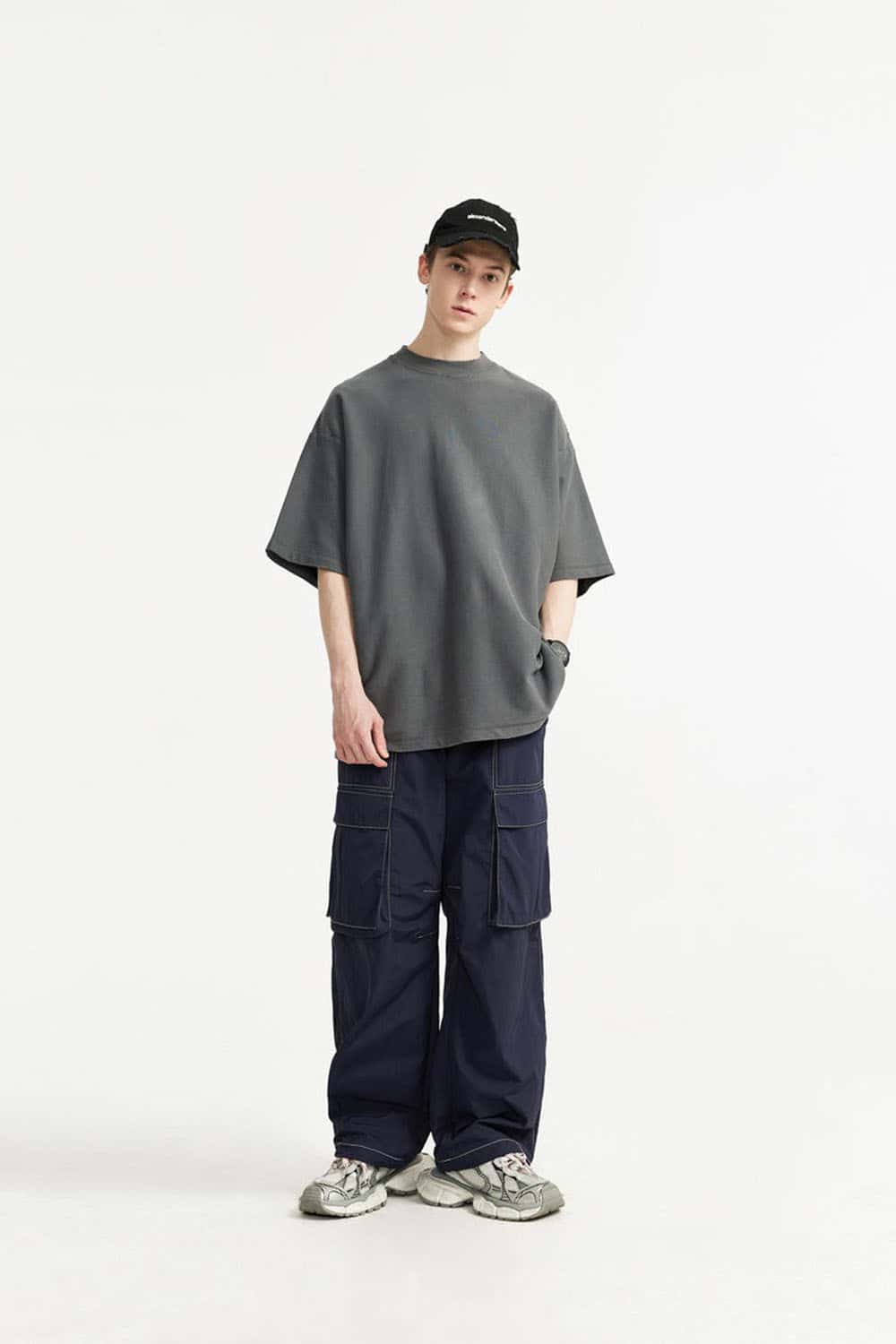 Waterproof Multi-Pocket Wide-Leg Cargo Pants in Navy Blue - full-length front modeled view