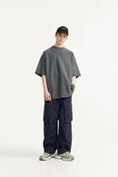 Waterproof Multi-Pocket Wide-Leg Cargo Pants in Navy Blue - full-length front modeled view