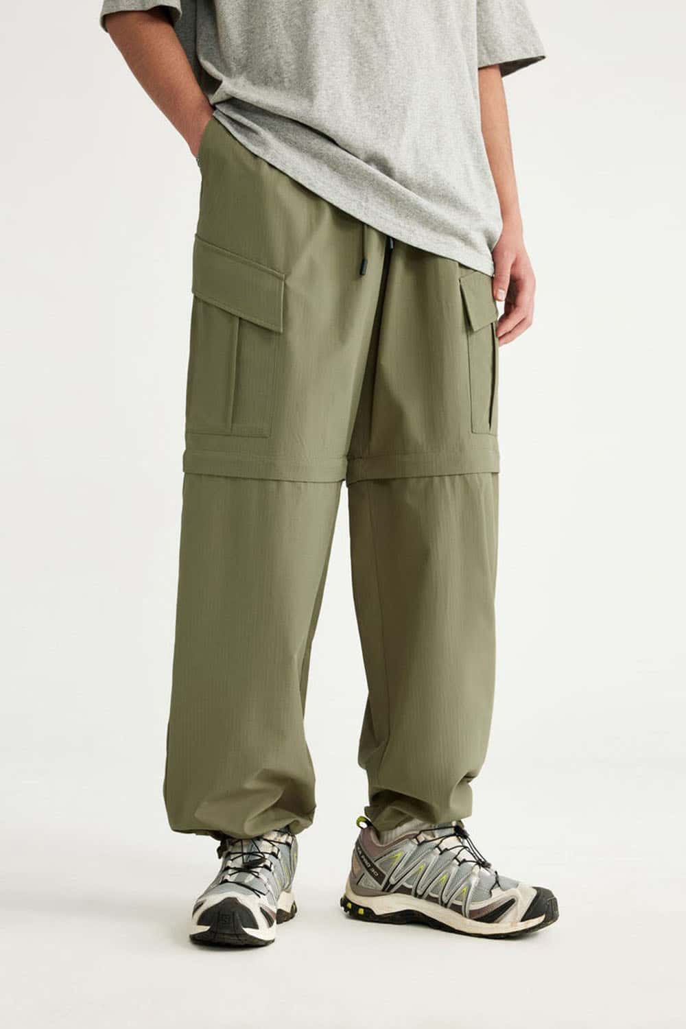 Convertible Multi-Pocket Cargo Pants in Green - full-length front modeled view