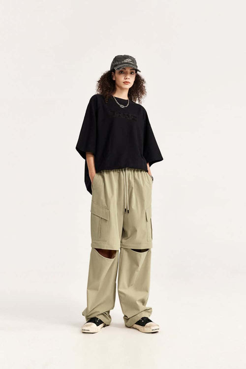 Convertible Multi-Pocket Cargo Pants in Khaki - full-length front modeled view