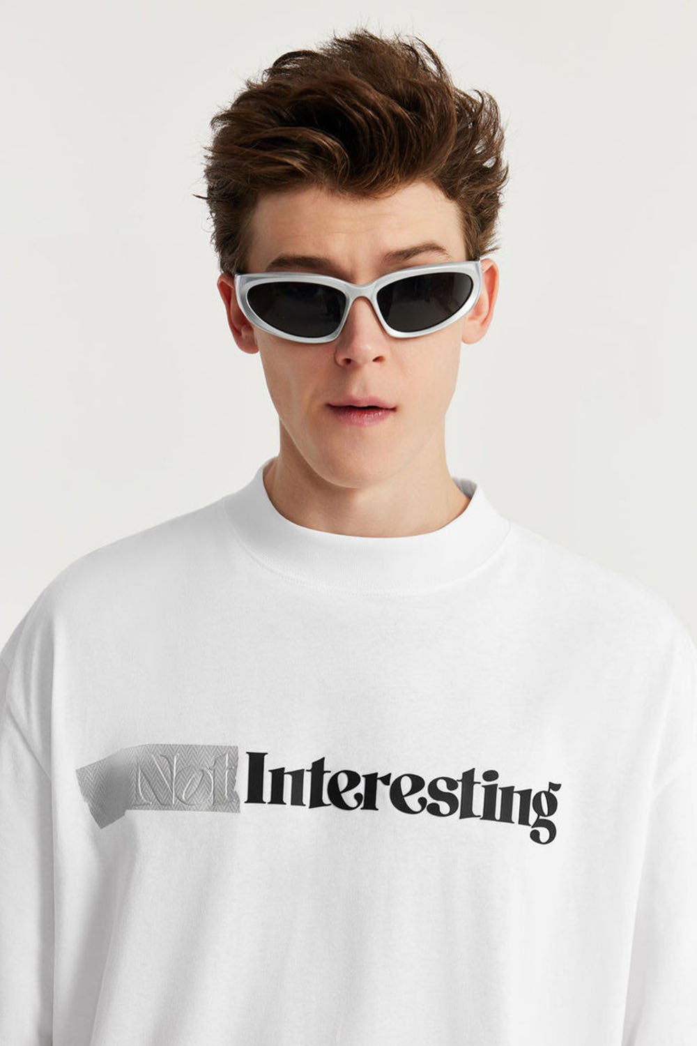 Mock Neck Tape-Inspired Silicone Letter Print Loose Short Sleeve T-Shirt