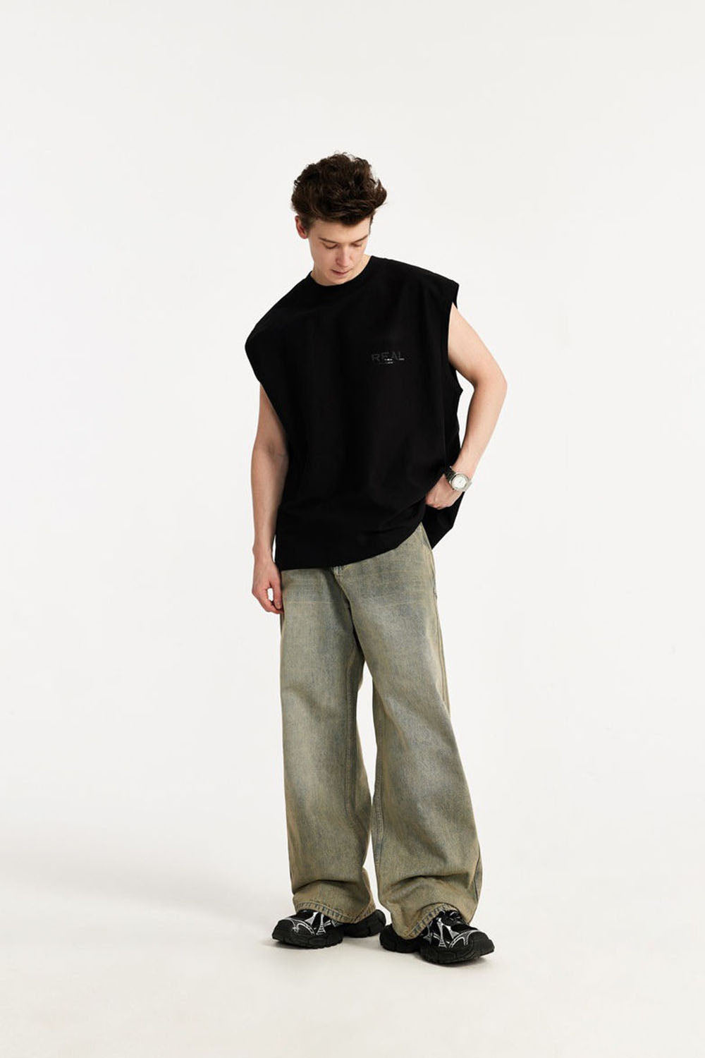 Men's 260g Textured Velvet Sleeveless Tank Top with Drop Shoulder Design