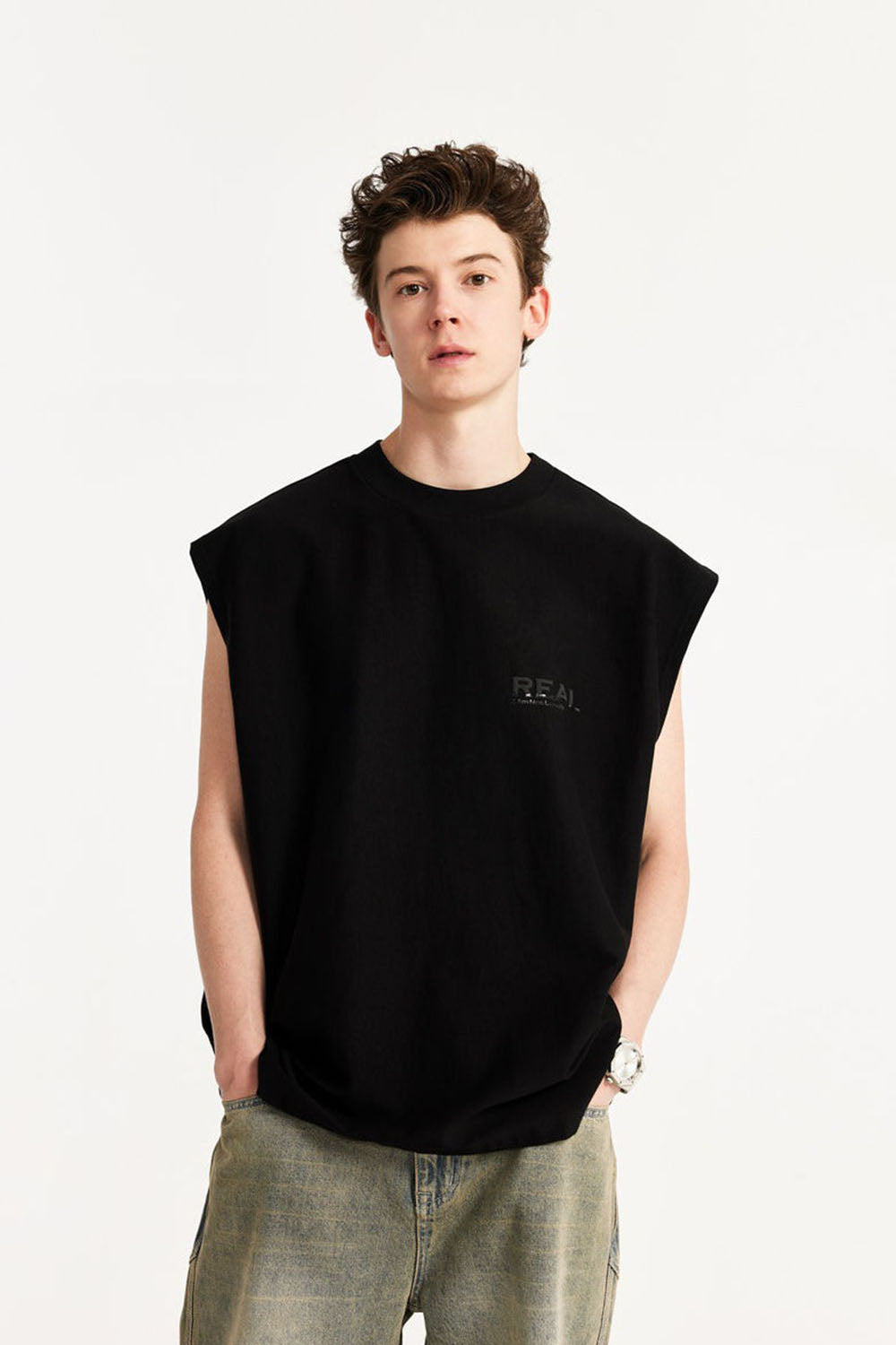 Men's 260g Textured Velvet Sleeveless Tank Top with Drop Shoulder Design