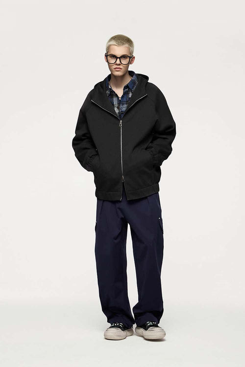 Waterproof Windproof Scuba-Knit Hooded Jacket in Black - full-length front modeled view