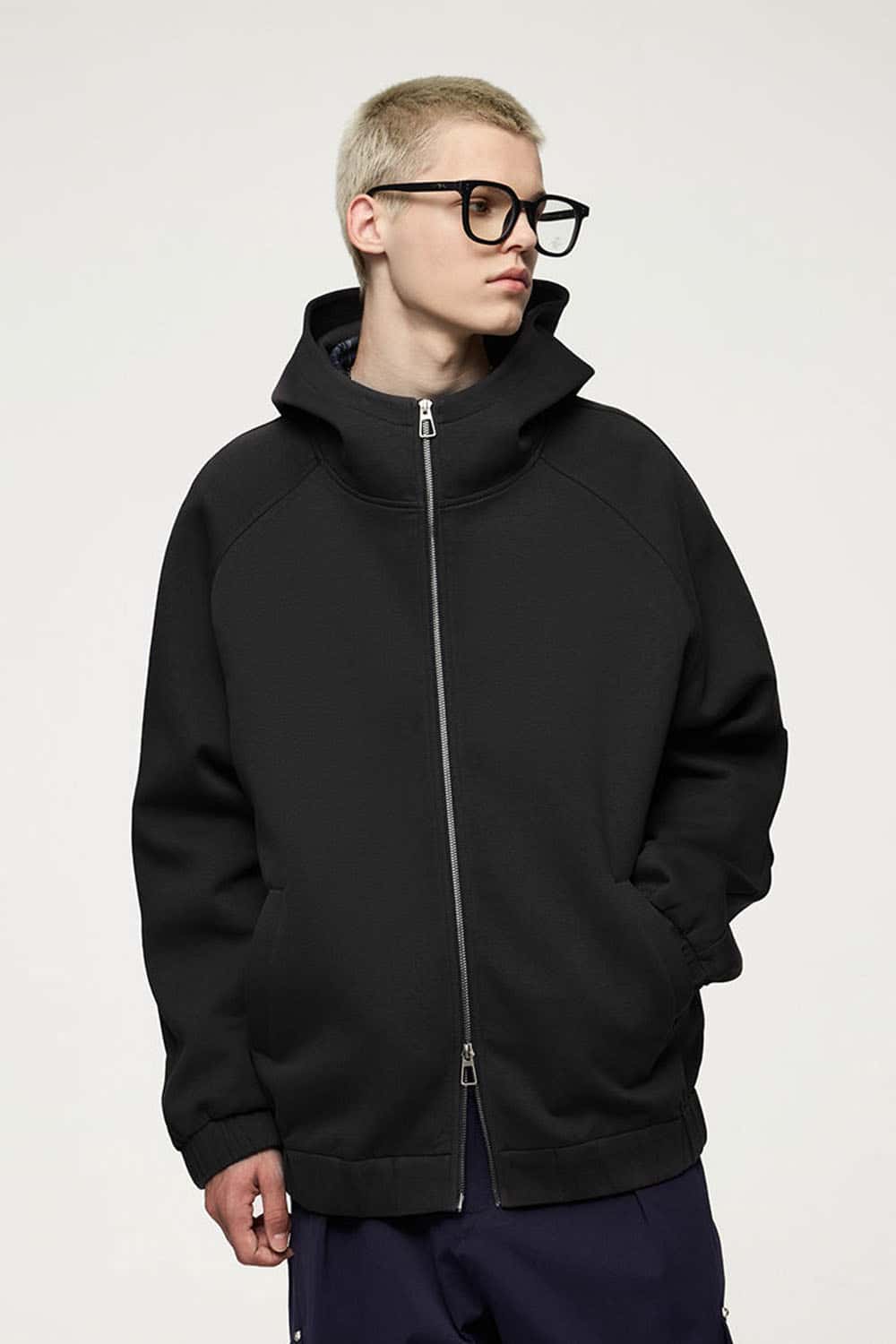 Waterproof Windproof Scuba-Knit Hooded Jacket in Black - product detail close-up
