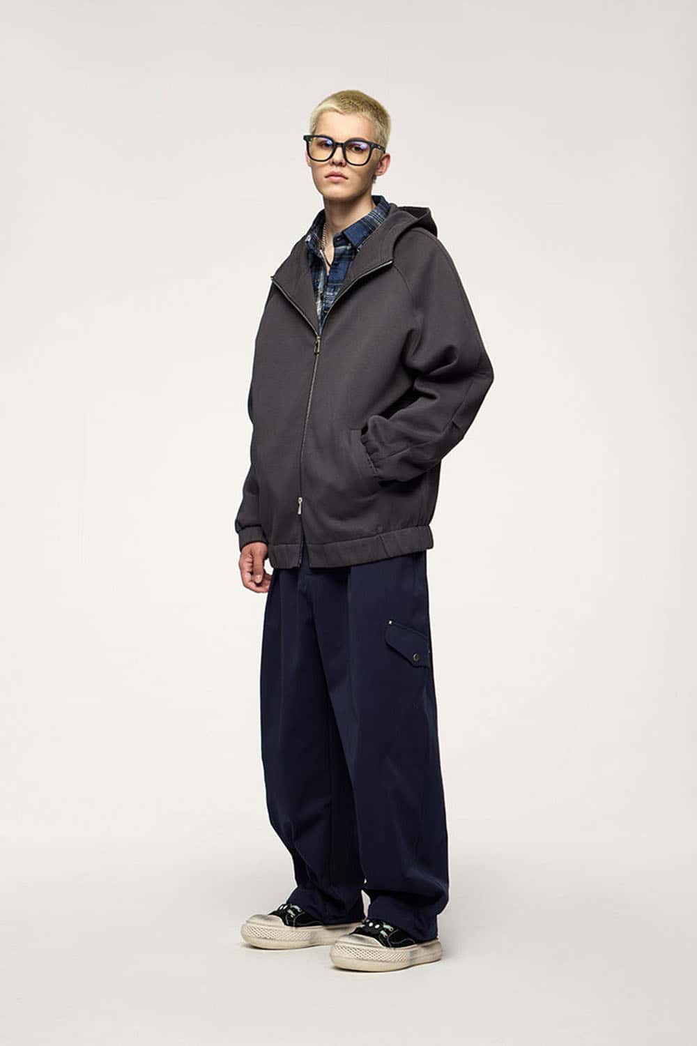 Waterproof Windproof Scuba-Knit Hooded Jacket in Dark Gray - full-length front modeled view