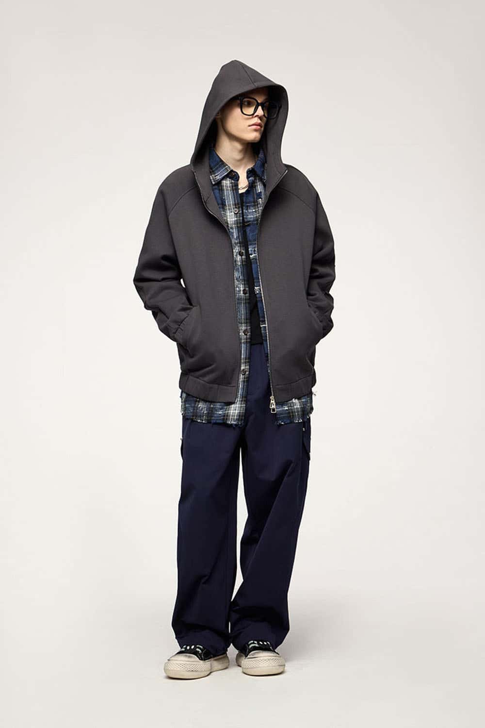 Waterproof Windproof Scuba-Knit Hooded Jacket in Dark Gray - full-length front modeled view