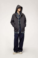 Waterproof Windproof Scuba-Knit Hooded Jacket in Dark Gray - full-length front modeled view