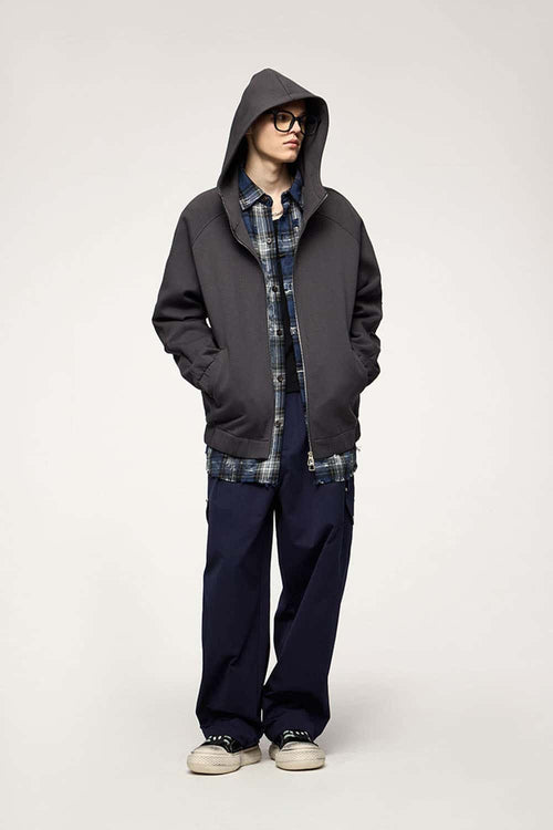 Waterproof Windproof Scuba-Knit Hooded Jacket in Dark Gray - full-length front modeled view