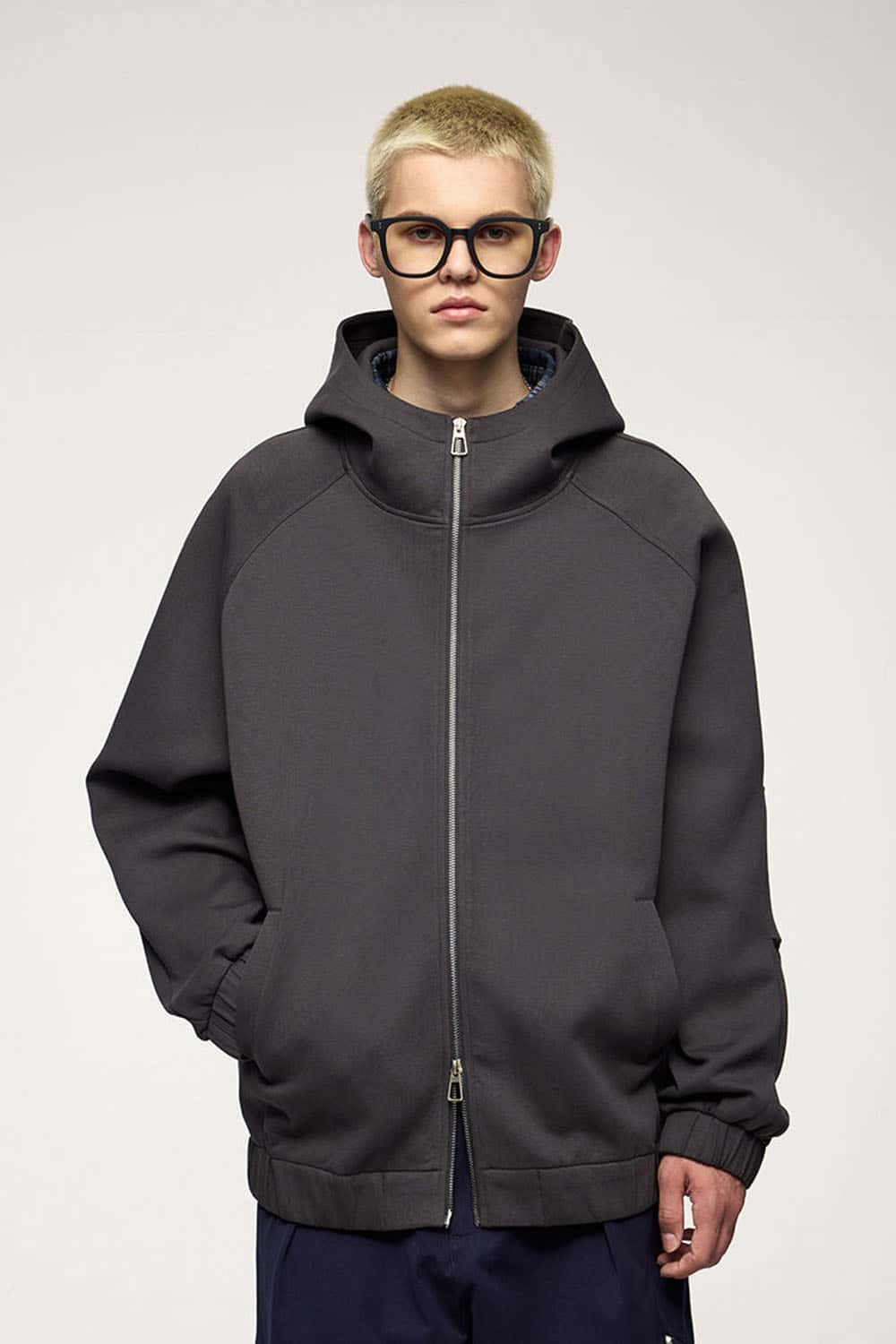 Waterproof Windproof Scuba-Knit Hooded Jacket in Dark Gray - product detail close-up
