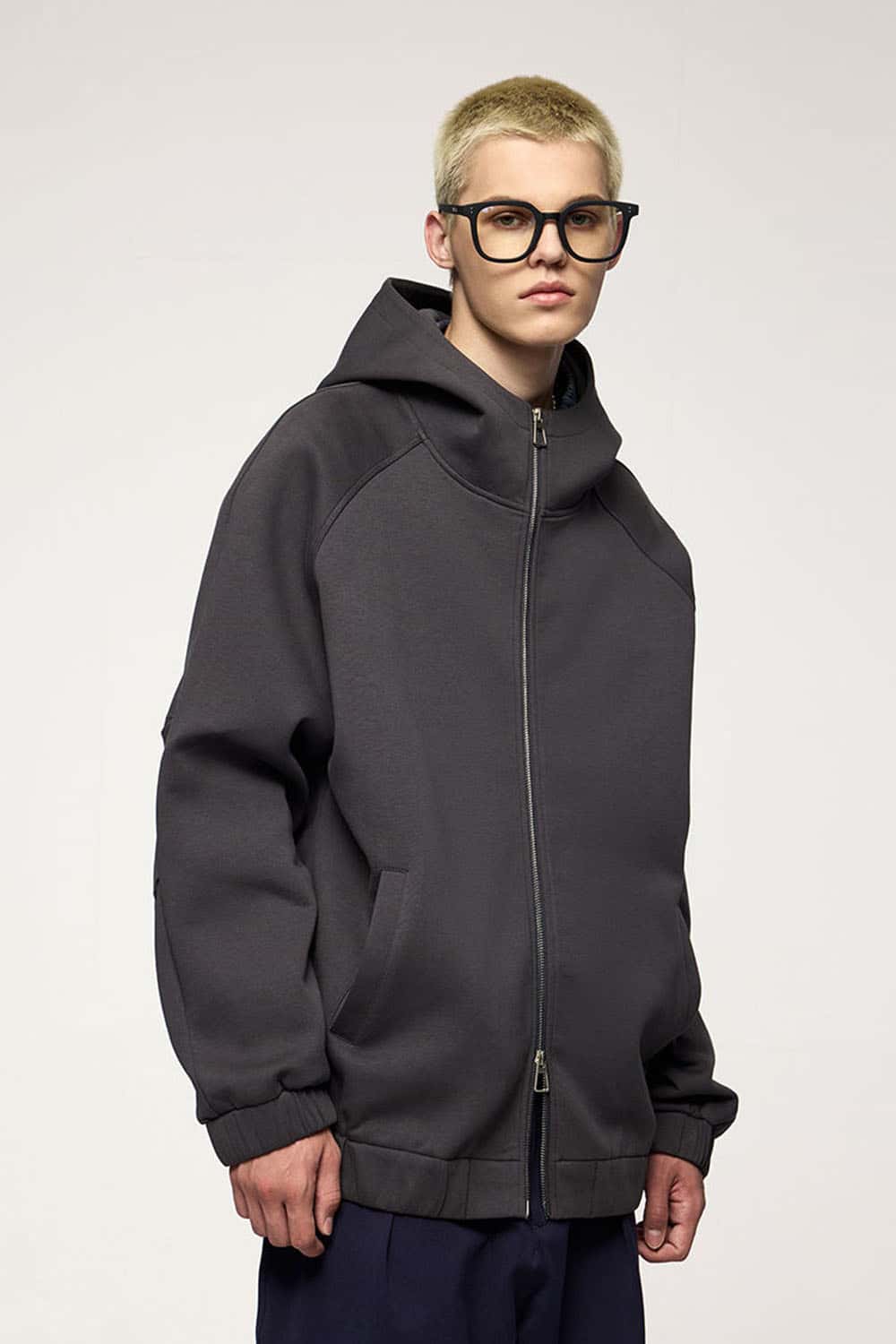 Waterproof Windproof Scuba-Knit Hooded Jacket in Dark Gray - front product view