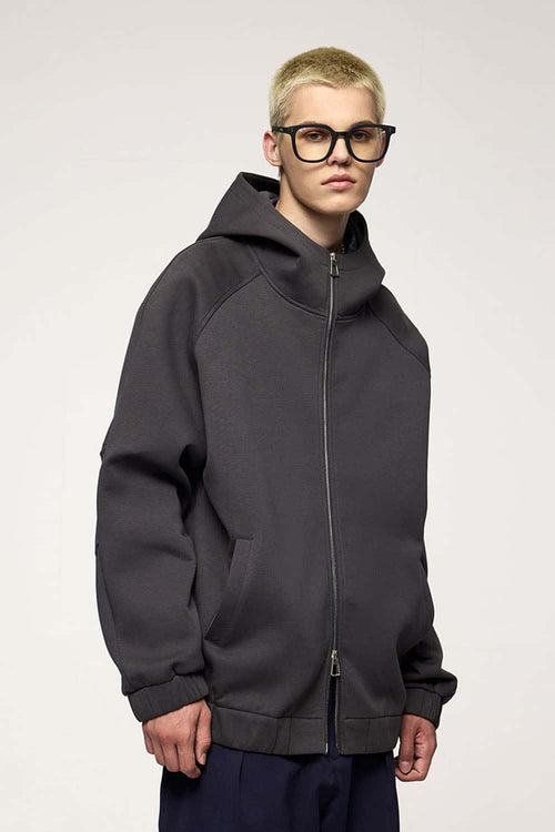 Waterproof Windproof Scuba-Knit Hooded Jacket in Dark Gray - front product view