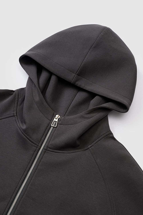 Waterproof Windproof Scuba-Knit Hooded Jacket in Dark Gray - product detail close-up