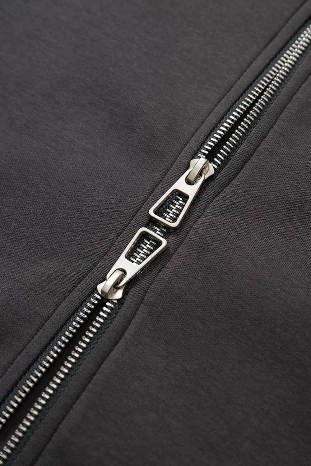 Waterproof Windproof Scuba-Knit Hooded Jacket in Dark Gray - zipper detail