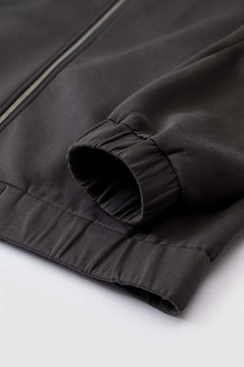 Waterproof Windproof Scuba-Knit Hooded Jacket in Dark Gray - cuff and hem detail