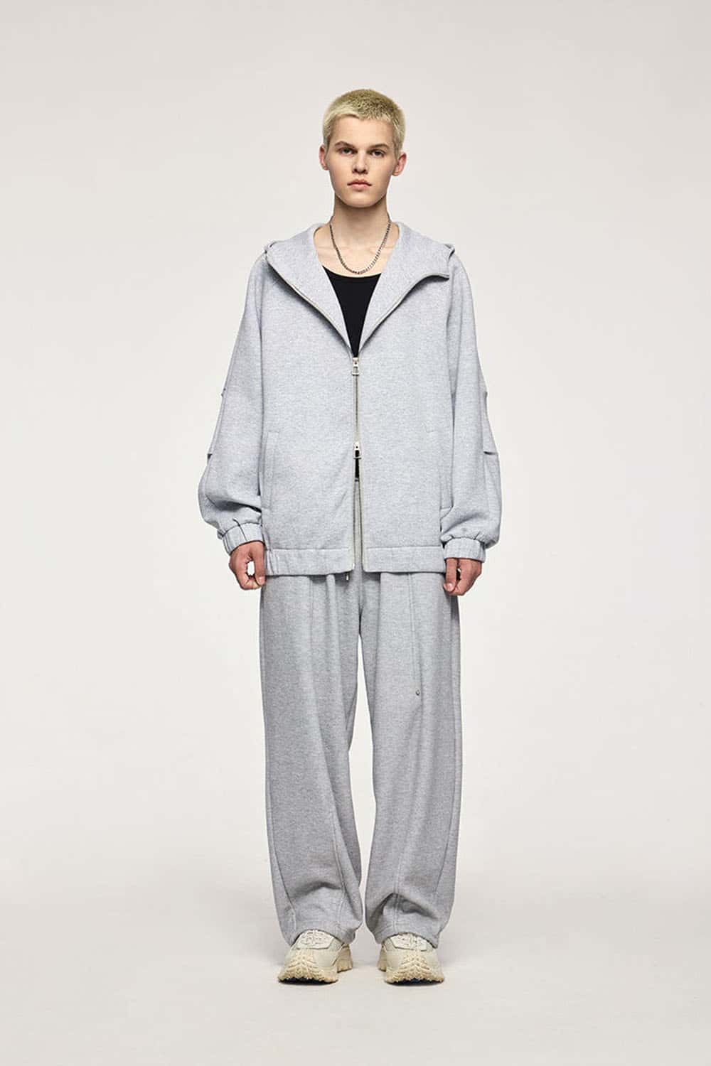 Waterproof Windproof Scuba-Knit Hooded Jacket in Gray - full-length front modeled view