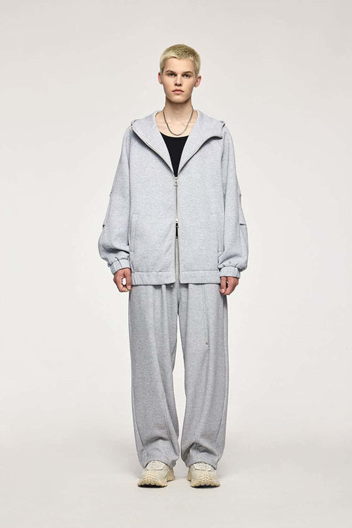 Waterproof Windproof Scuba-Knit Hooded Jacket in Gray - full-length front modeled view