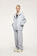 Waterproof Windproof Scuba-Knit Hooded Jacket in Gray - full-length front modeled view