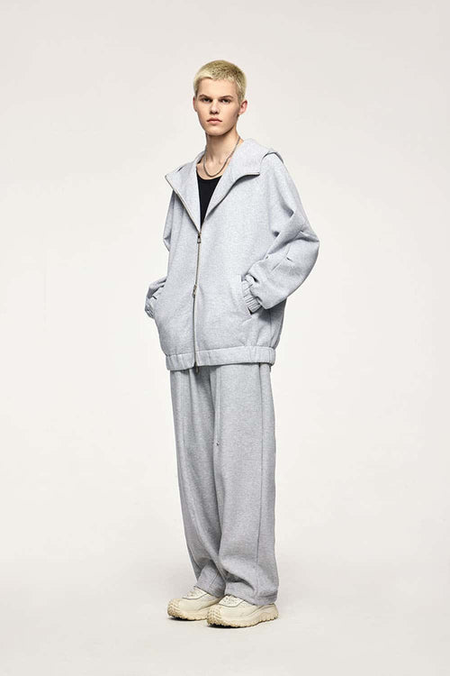 Waterproof Windproof Scuba-Knit Hooded Jacket in Gray - full-length front modeled view