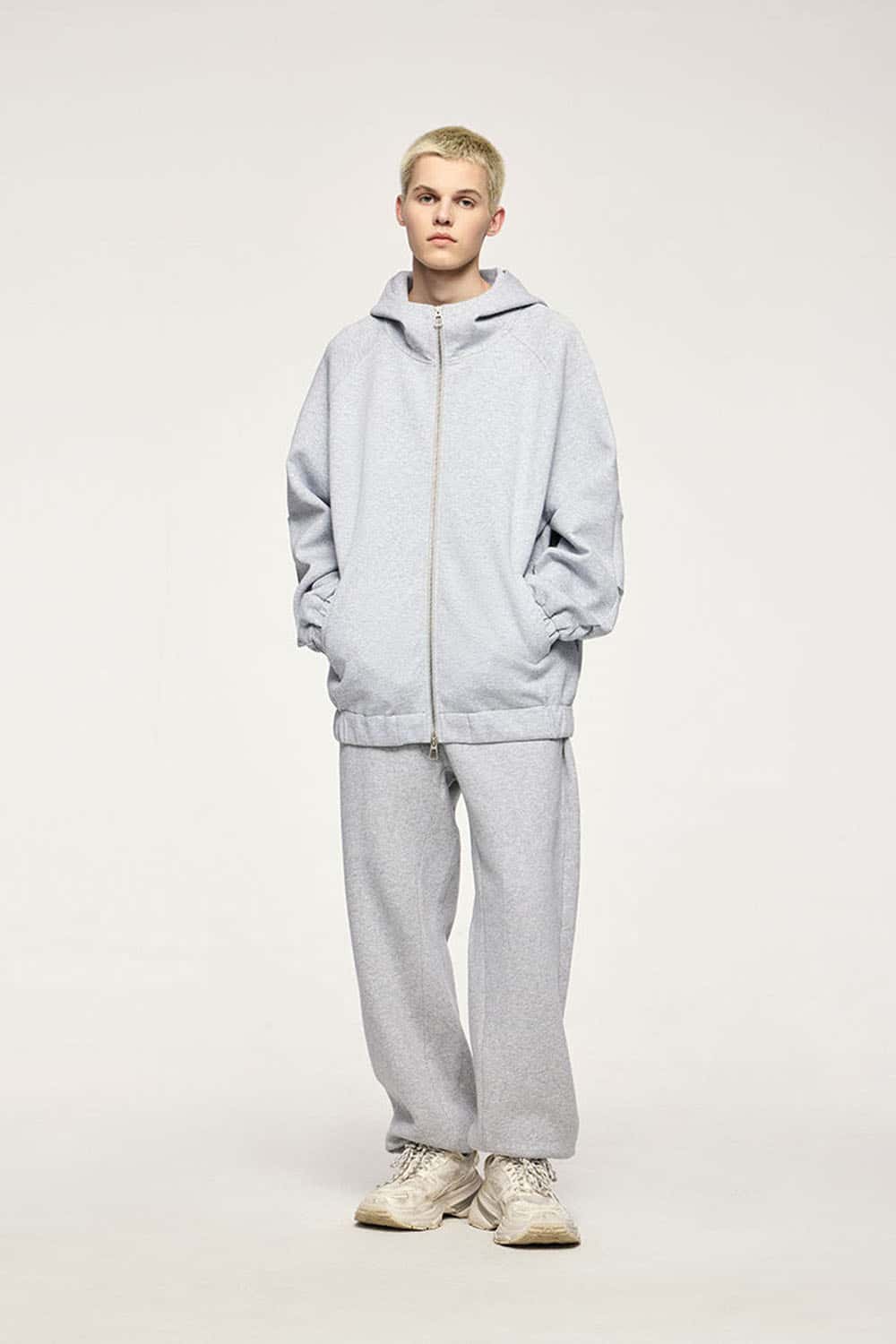 Waterproof Windproof Scuba-Knit Hooded Jacket in Gray - full-length front modeled view