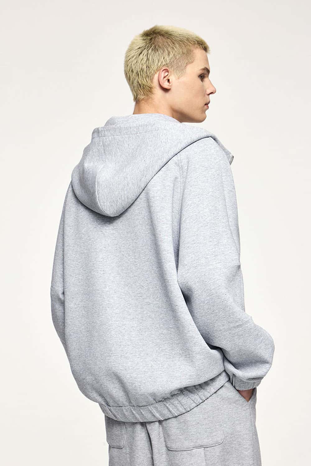 Waterproof Windproof Scuba-Knit Hooded Jacket in Gray - full-length back modeled view