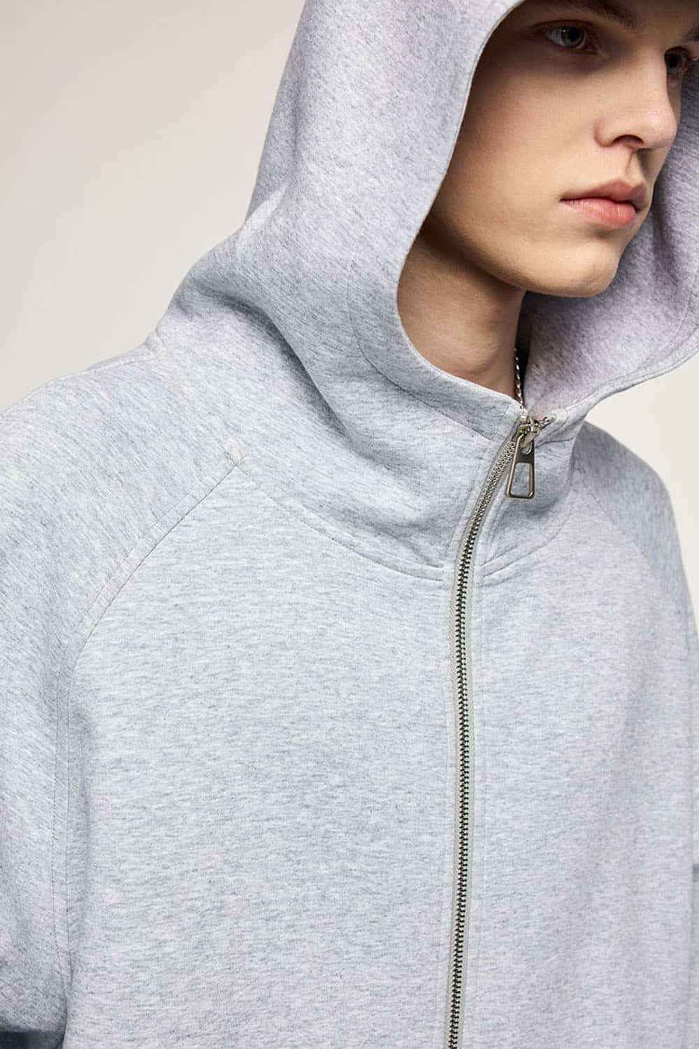 Waterproof Windproof Scuba-Knit Hooded Jacket in Gray - collar and placket close-up