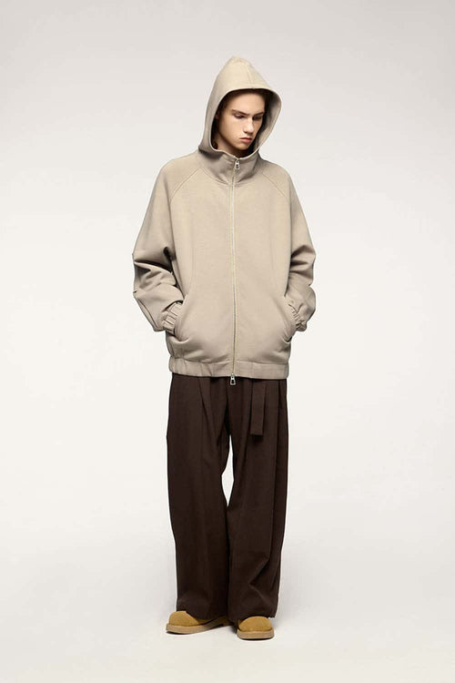 Waterproof Windproof Scuba-Knit Hooded Jacket in Khaki - full-length front modeled view