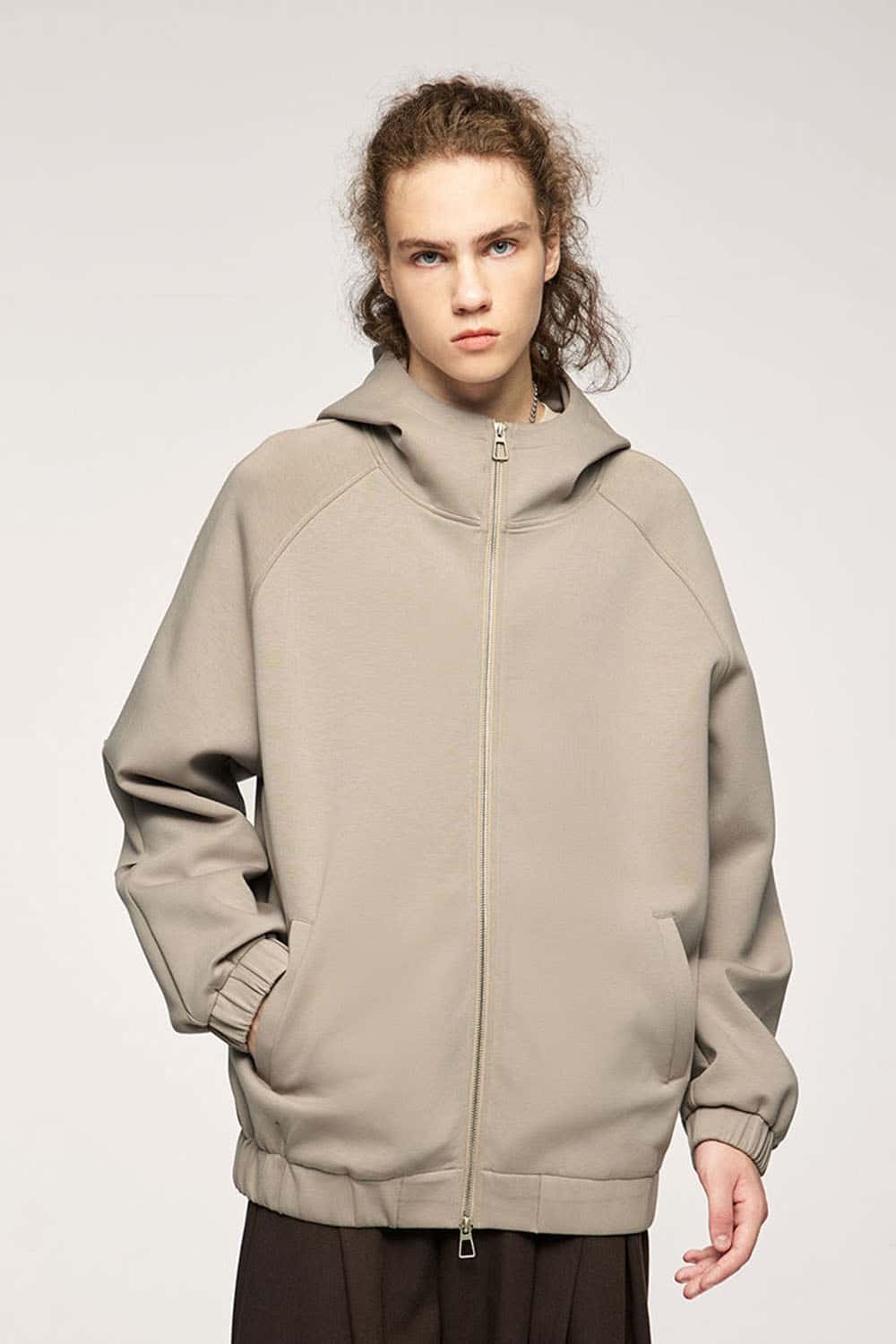 Waterproof Windproof Scuba-Knit Hooded Jacket in Khaki - product detail close-up