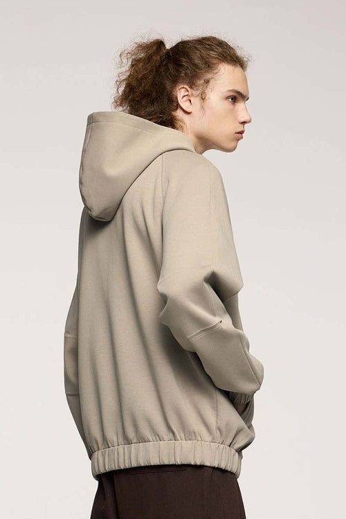 Waterproof Windproof Scuba-Knit Hooded Jacket in Khaki - full-length back modeled view