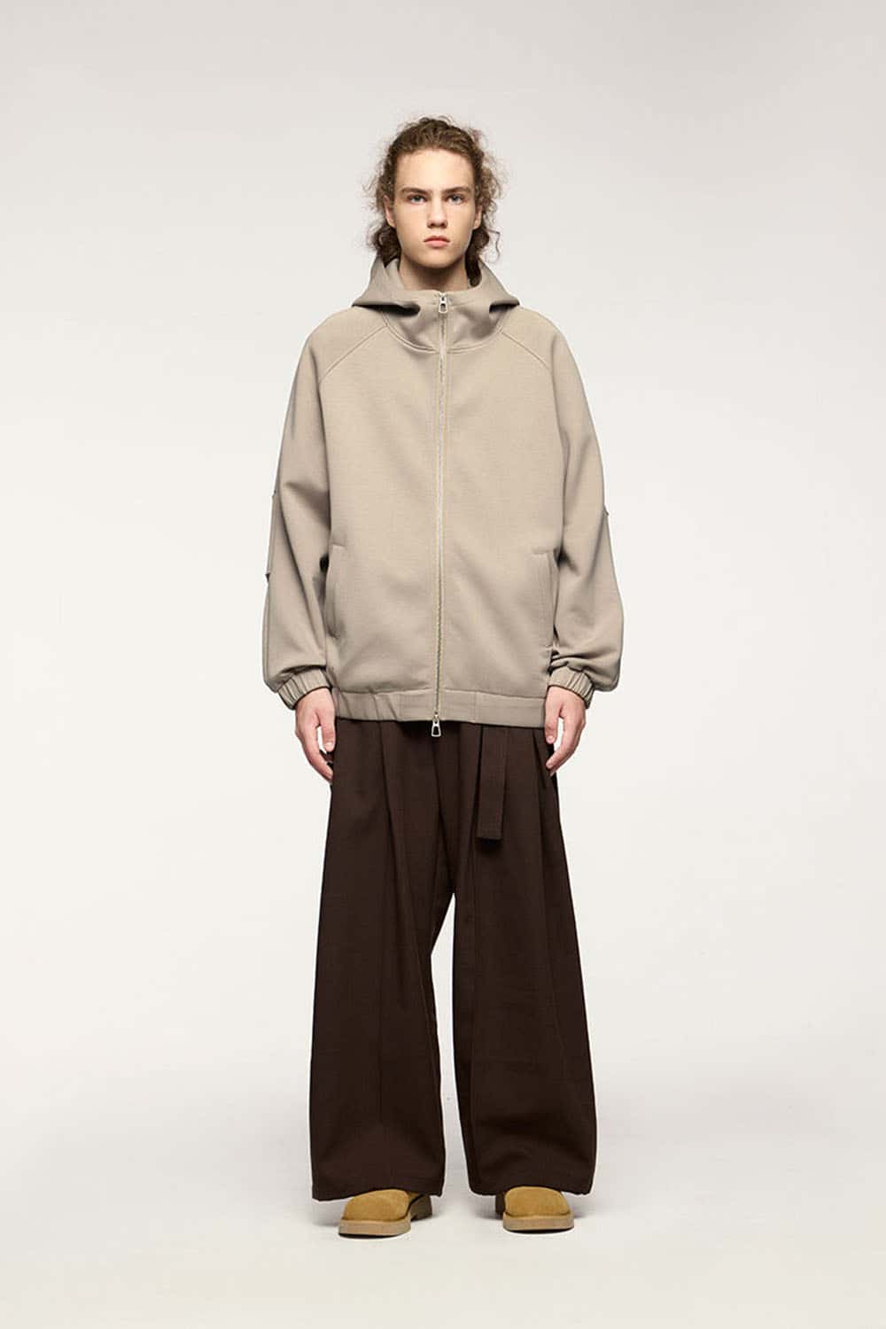 Waterproof Windproof Scuba-Knit Hooded Jacket in Khaki - full-length front modeled view