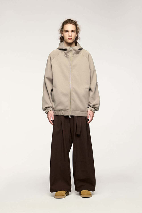 Waterproof Windproof Scuba-Knit Hooded Jacket in Khaki - full-length front modeled view