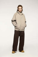 Waterproof Windproof Scuba-Knit Hooded Jacket in Khaki - full-length front modeled view