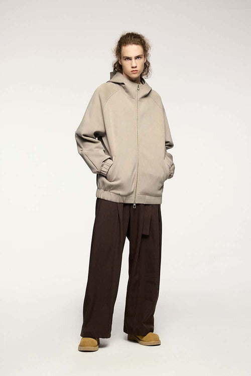 Waterproof Windproof Scuba-Knit Hooded Jacket in Khaki - full-length front modeled view