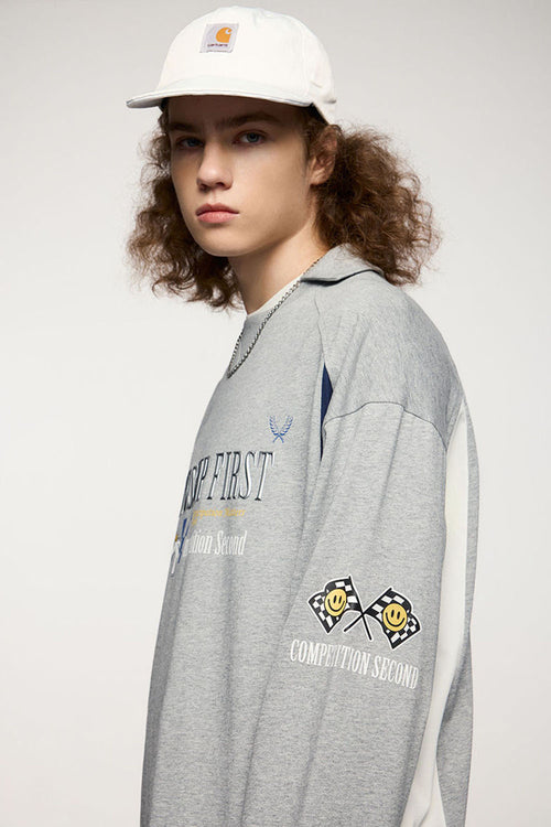 Puff-Print Vintage Athletic Long-Sleeve Tee - Flower Gray