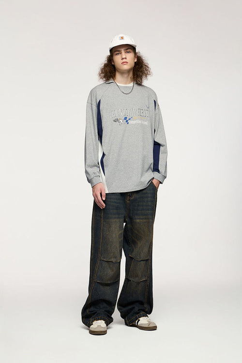 Puff-Print Vintage Athletic Long-Sleeve Tee - Flower Gray