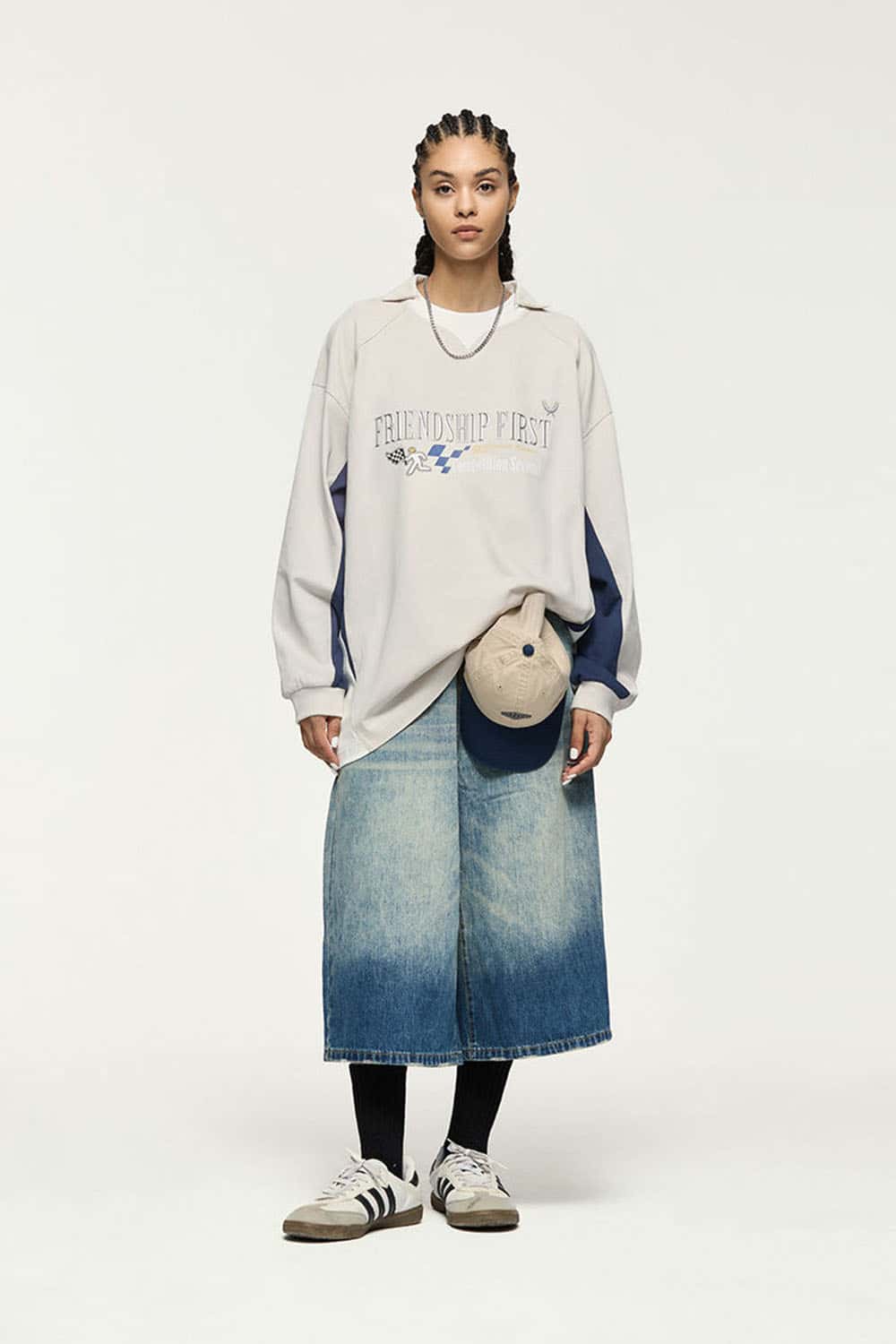 Layered-Collar Puff-Print Graphic Long-Sleeve T-Shirt in Apricot - full-length front modeled view