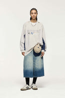 Layered-Collar Puff-Print Graphic Long-Sleeve T-Shirt in Apricot - full-length front modeled view