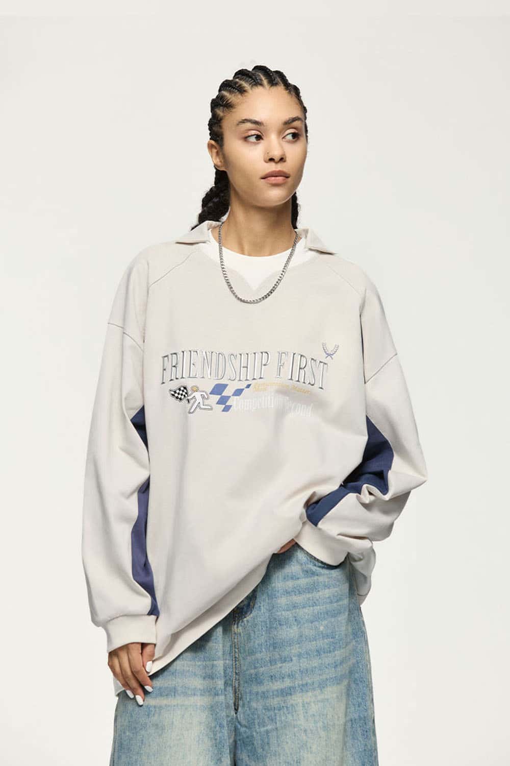 Layered-Collar Puff-Print Graphic Long-Sleeve T-Shirt in Apricot - front modeled view