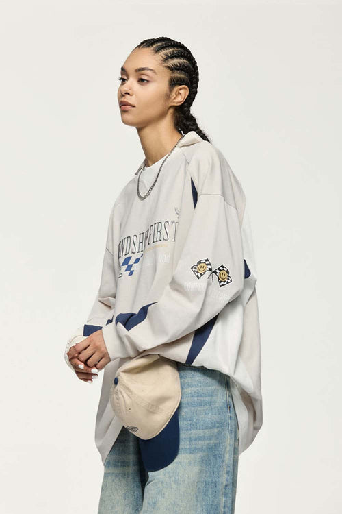 Layered-Collar Puff-Print Graphic Long-Sleeve T-Shirt in Apricot - three-quarter front modeled view
