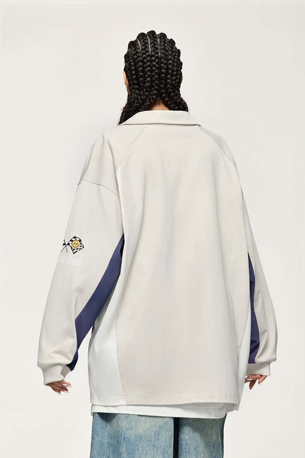 Layered-Collar Puff-Print Graphic Long-Sleeve T-Shirt in Apricot - back modeled view