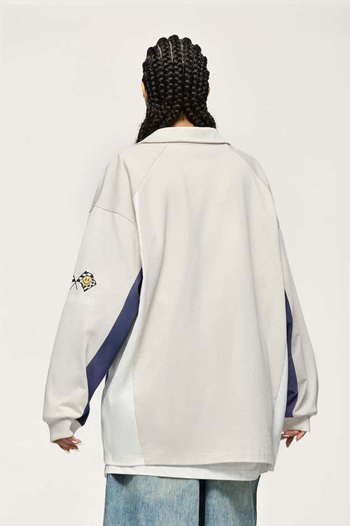 Layered-Collar Puff-Print Graphic Long-Sleeve T-Shirt in Apricot - back modeled view
