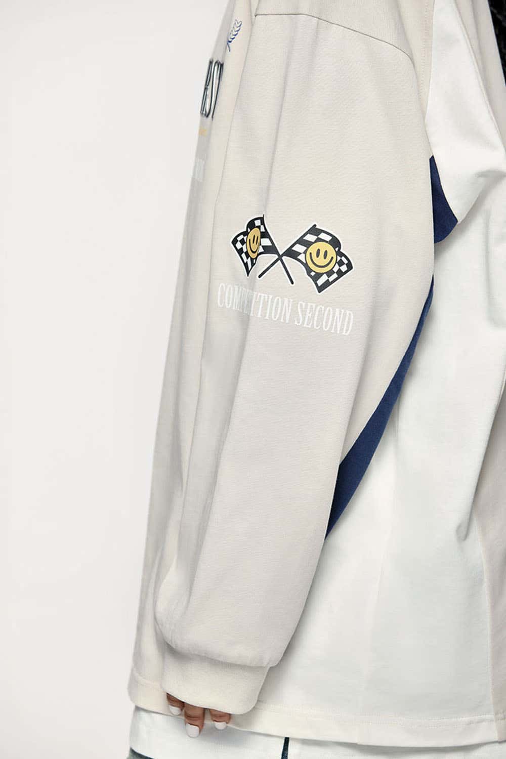 Layered-Collar Puff-Print Graphic Long-Sleeve T-Shirt in Apricot - product detail close-up