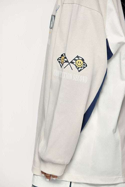 Layered-Collar Puff-Print Graphic Long-Sleeve T-Shirt in Apricot - product detail close-up