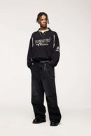 Layered-Collar Puff-Print Graphic Long-Sleeve T-Shirt in Black - full-length front modeled view