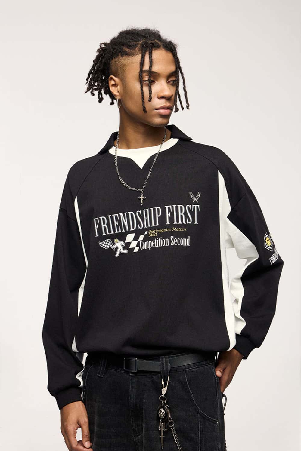 Layered-Collar Puff-Print Graphic Long-Sleeve T-Shirt in Black - front modeled view