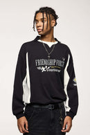 Layered-Collar Puff-Print Graphic Long-Sleeve T-Shirt in Black - three-quarter front modeled view